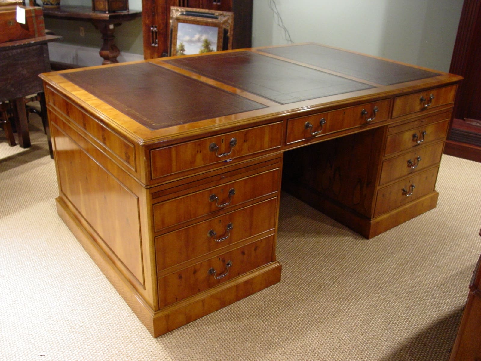 Yew Wood Pedestal Desk Leather Top